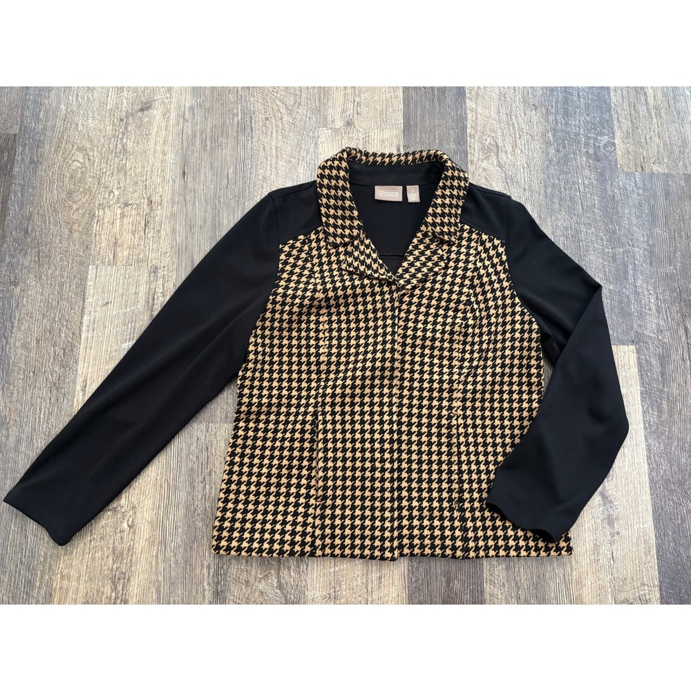 Chicos Houndstooth Blazer Jacket Tan Black Size 1 Medium Single Button Notched